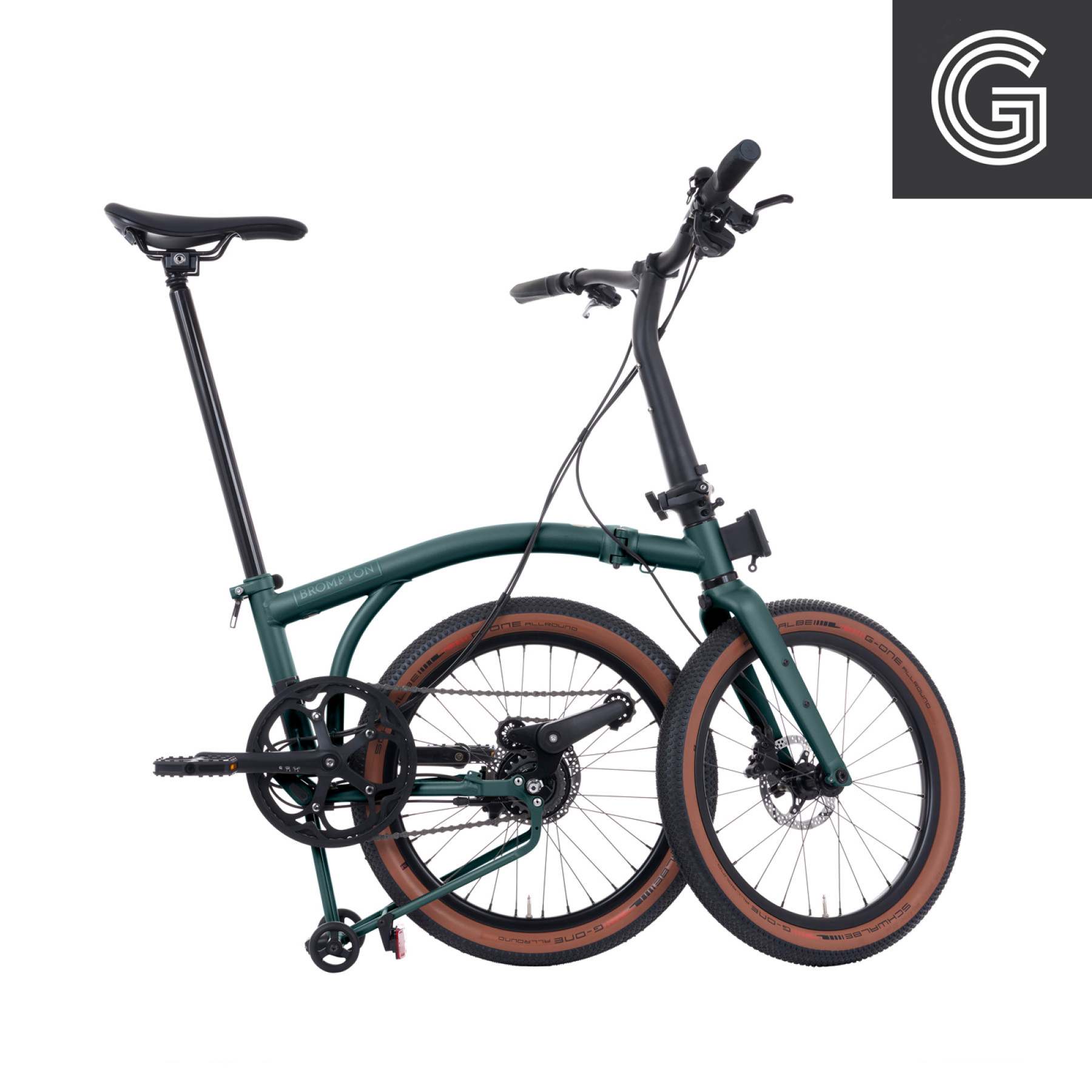 Brompton G Line Forest Green Small. Produktabbildung mit eingefaltetem Hinterbau 03.