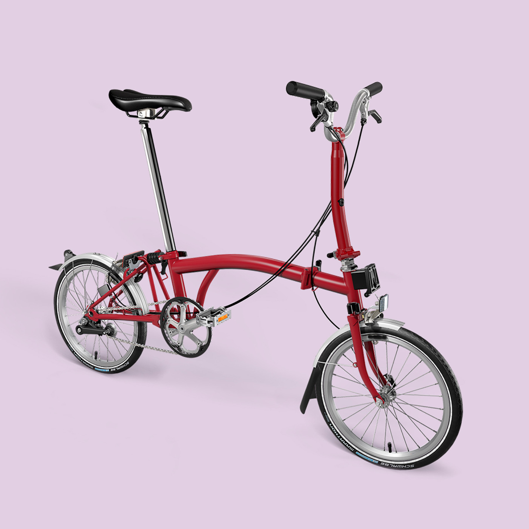 Das Brompton Faltrad House Red ist seitlich vor rosafarbigen Hintergrund abgebildet.
